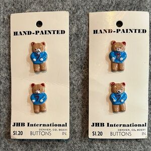 JHB International Vintage Hand-Painted Bear Plastic Buttons Blue & Tan, set of 2